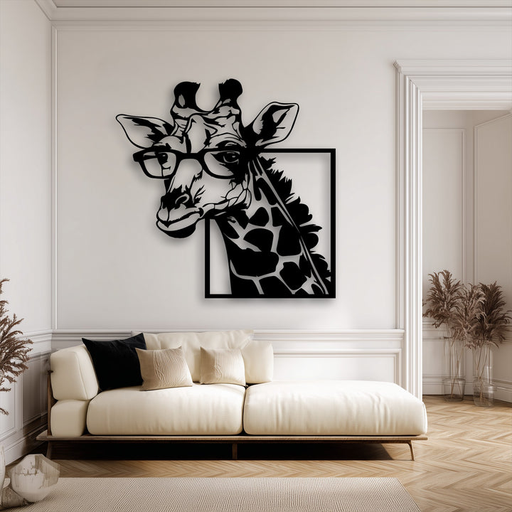 A bold black silhouette of a stylish giraffe with glasses, presented as modern animal metal art for wall, dramatically contrasts against a minimalist white wall.