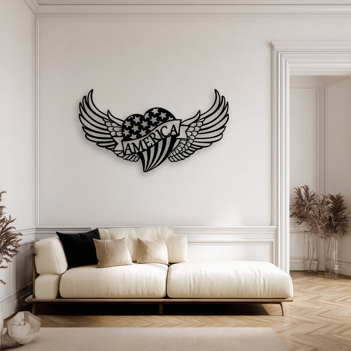 The brightest area on the crisp white wall features the striking Freedom Wings American Heart decorative metal art design.