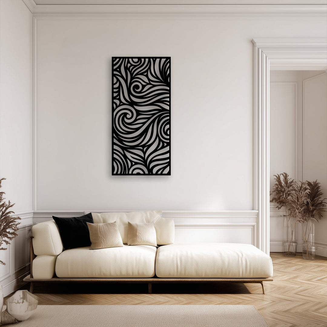 Light and shadow elegantly highlight the intricate abstract flow pattern of the modern swirl panel metal artwork, creating dynamic visual depth.