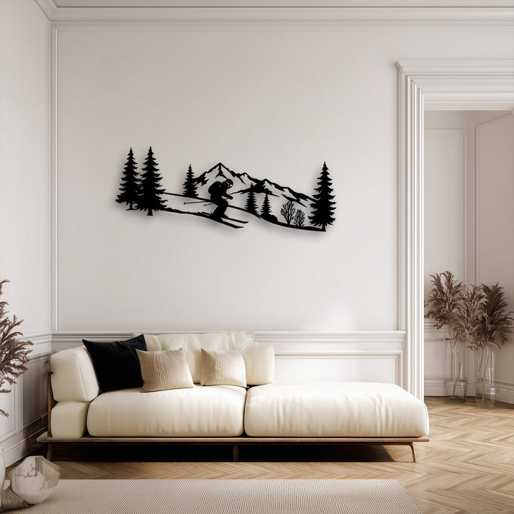 Organic silhouettes of a skier, rugged mountains, and tall pine trees are stylishly presented in this captivating metal art for wall.