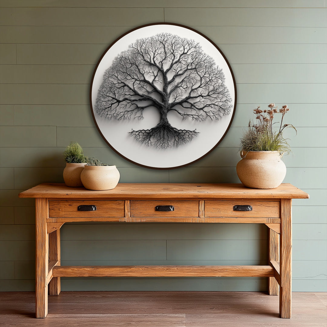 Exhibiting exceptional material quality, this minimalist monochrome tree silhouette round oil painting boasts a flawless application of modern oil painting art, emphasizing the intricate details.