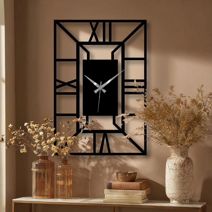 Layered perspective showcases the architectural frame geometric metal wall clock, enriching its depth with overlapping design elements characteristic of modern metal wall decor.