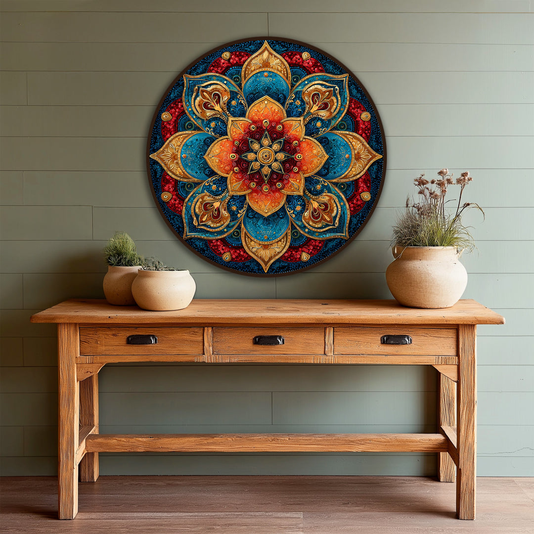 The darkest area highlights the contrasting colors of this ornamental round oil painting art prints, a radiant jewel mandala displayed above a rustic wooden console table.