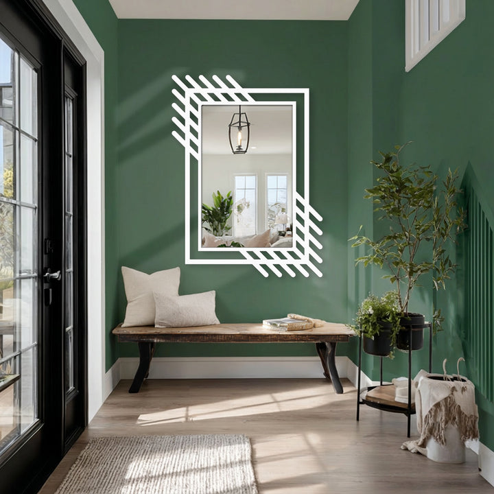 Highlighting the transition between colors, this contemporary geometric accent design abstract linear frame metal artwork reflects the room's green hues in its stained glass wall mirror.