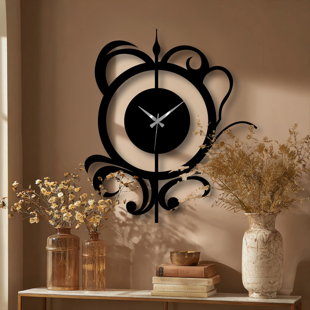 Dried floral arrangements in glass vases sit on a marble-topped table, complementing the elegant floral scroll modern metal wall clock adding charm to home decoration.