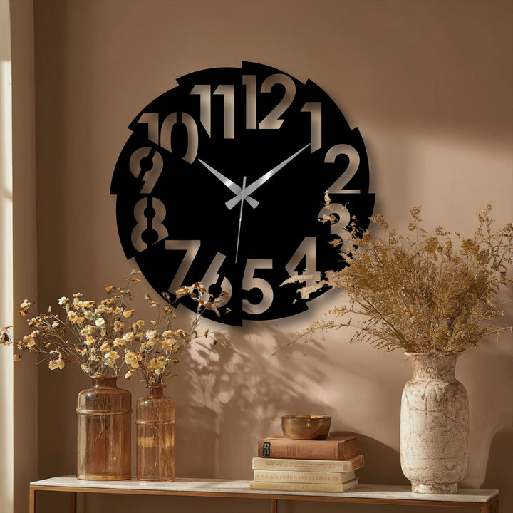 The geometric interplay in the modern split number decorative wall clock features the distinctive metal art for wall with stylized numerals forming a unique radial design.
