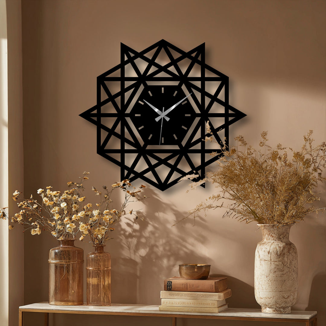 Sleek surface texture highlights the modern decoration wall art clock's geometric star design with its smooth, dark finish contrasting against the textured wall.