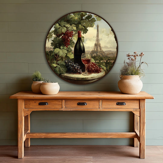 Eiffel Tower in the background appears as the softest element in this oil painting wall art, depicting a Paris vineyard still life with wine bottle and grapes.