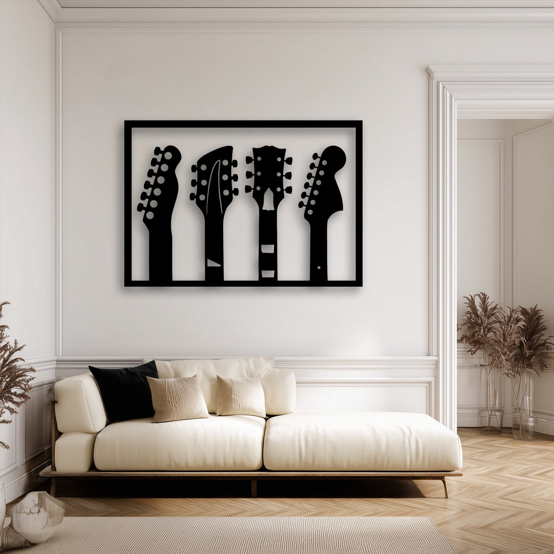 The visual rhythm of four distinct guitar headstock silhouettes creates a harmonious composition in this unique metal wall art.