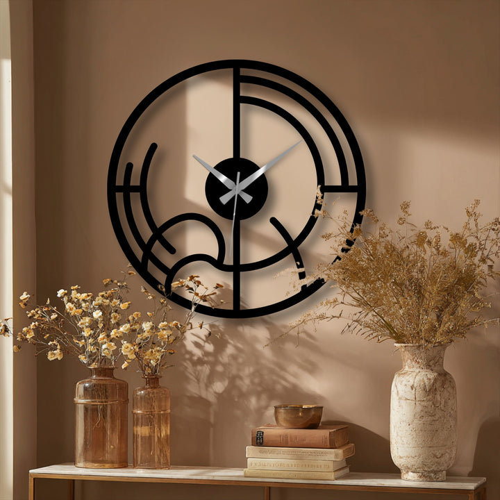 Visual rhythm is created by the repeated circles and linear divisions in this abstract geometric metal art for wall clock, a minimalist timepiece.