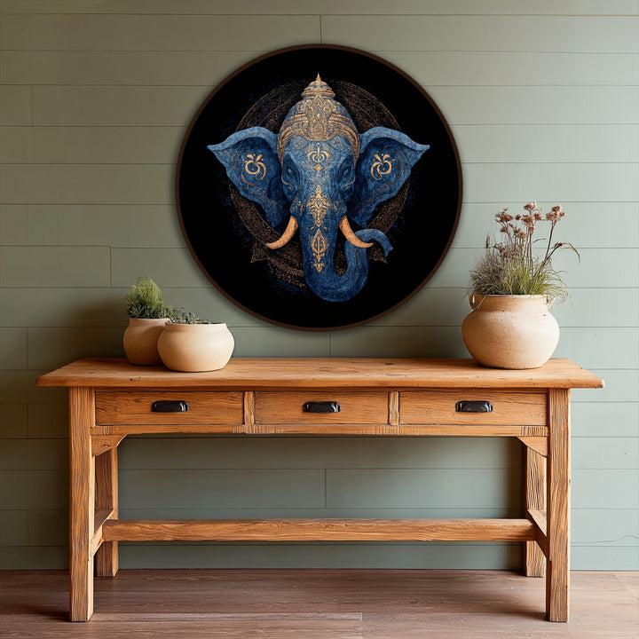 The textured wood of the rustic console table highlights the artistry of the modern oil painting art depicting a blue elephant above.
