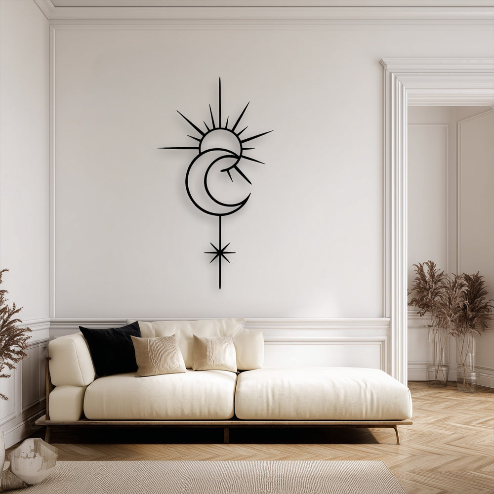 Focusing on the focal point, this elegant celestial sun moon metal artwork displays a minimal star line design above a cozy sofa.