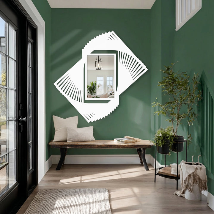 Green hues dominate this striking scene, highlighting the rotating blade metal floor mirror with its dynamic spiral frame, a unique piece of metal art for wall.