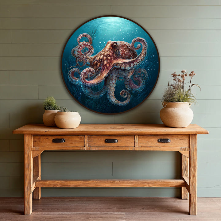 Textured wooden console table anchors the view, setting the stage for the 'Deep Ocean Guardian Octopus' round oil painting art piece above it.