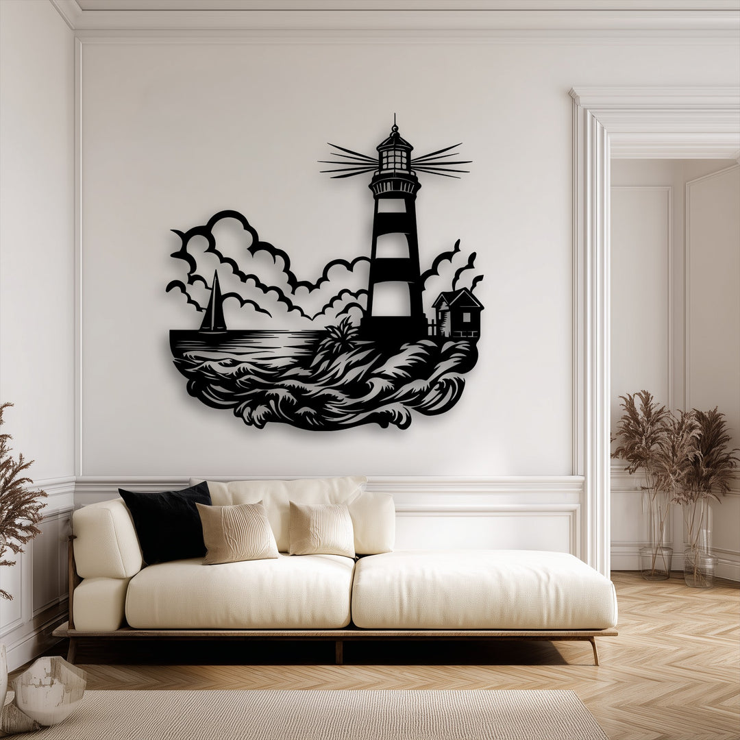 Highlighting the layering effect, this lighthouse metal artwork showcases a dimensional seascape with waves, a sailboat, and coastal elements.