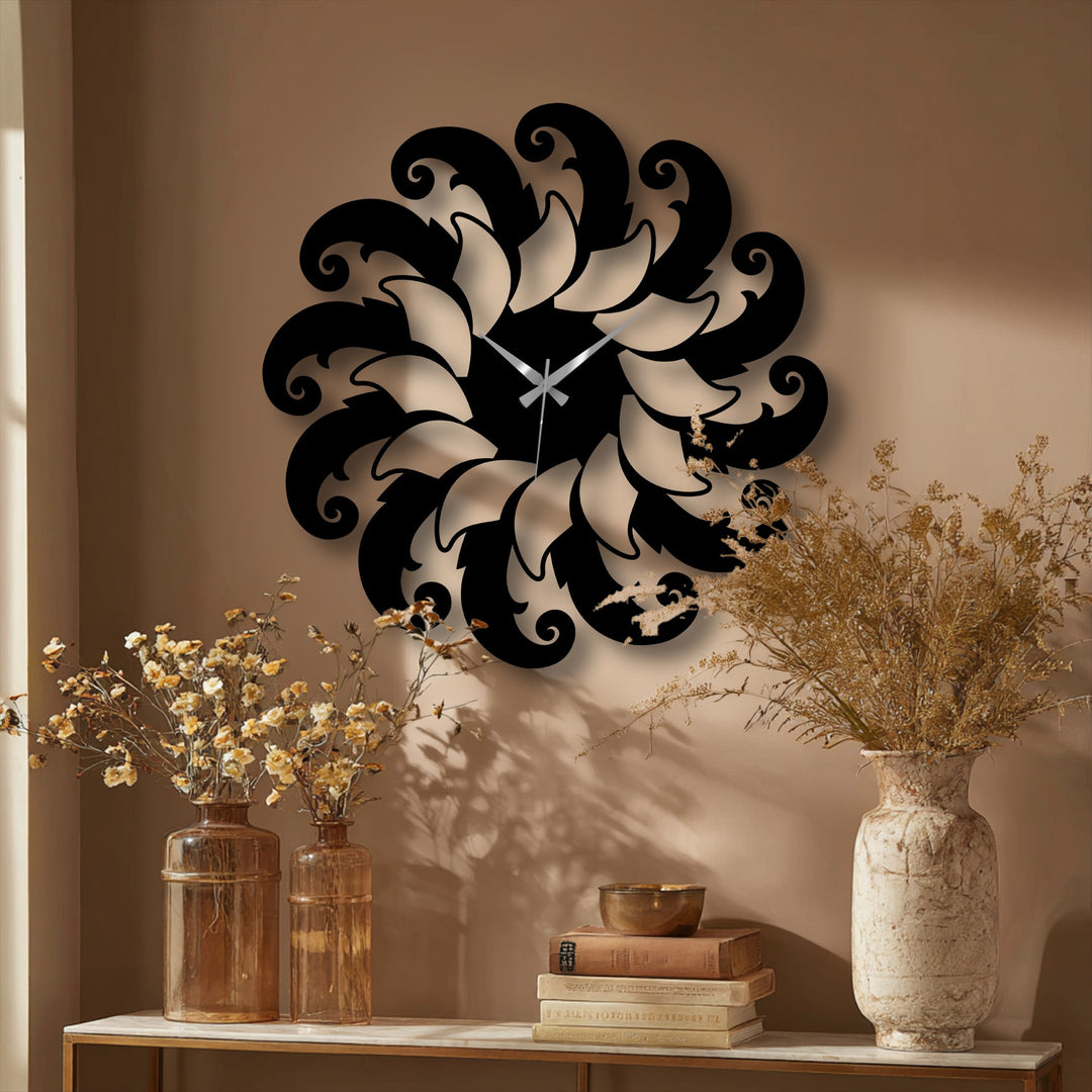 The intricate black edge and borders of the floral spiral metal art for wall clock feature elegant swirling patterns.