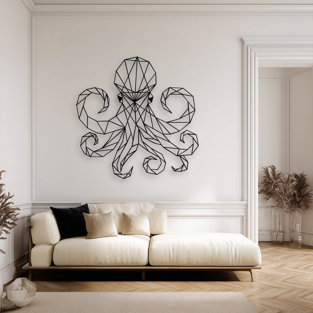 The bright white wall features a sleek geometric octopus metal art for wall, showcasing modern marine line work above a beige sofa.