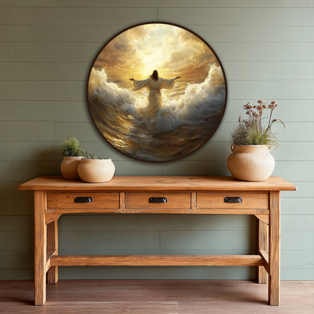 Examining the edge and borders of this round oil painting artwork reveals a seamless transition from the radiant golden sunrise to the sea within the frame.