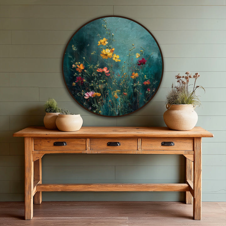 Organic forms of the round 'Whispering Meadow' wildflower garden oil painting decoration are reflected in the curved vases on the wooden table below.