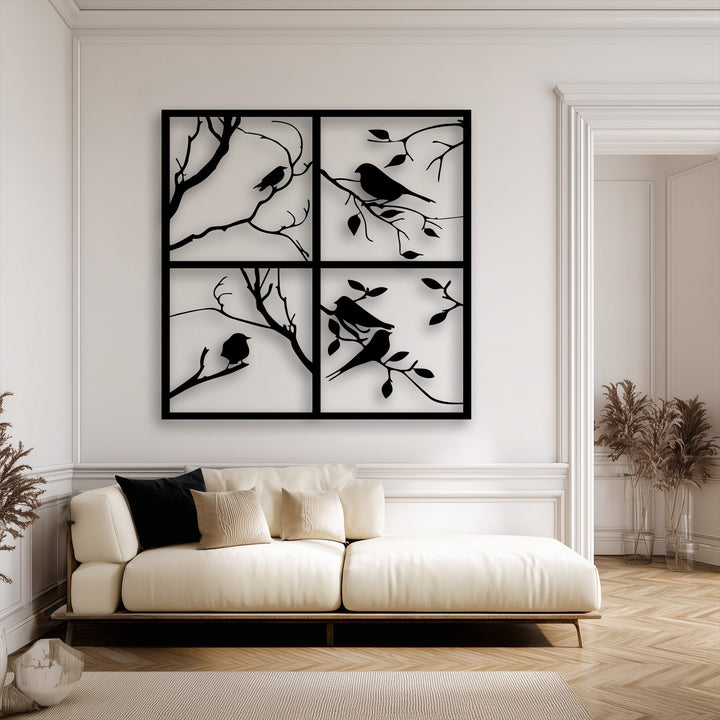 Soft cream sofa cushions provide a gentle texture, complementing the bold bird silhouette metal wall art, a captivating decoration wall art.