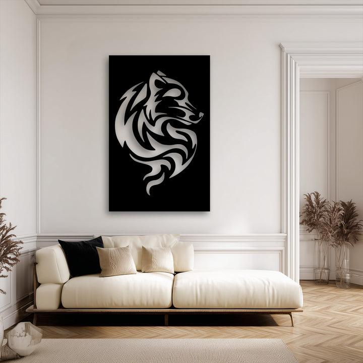 The focal point is a striking Tribal Wolf Swirl Metal Wall Art, an intricate stylized wolf head decoration wall art on a black panel.