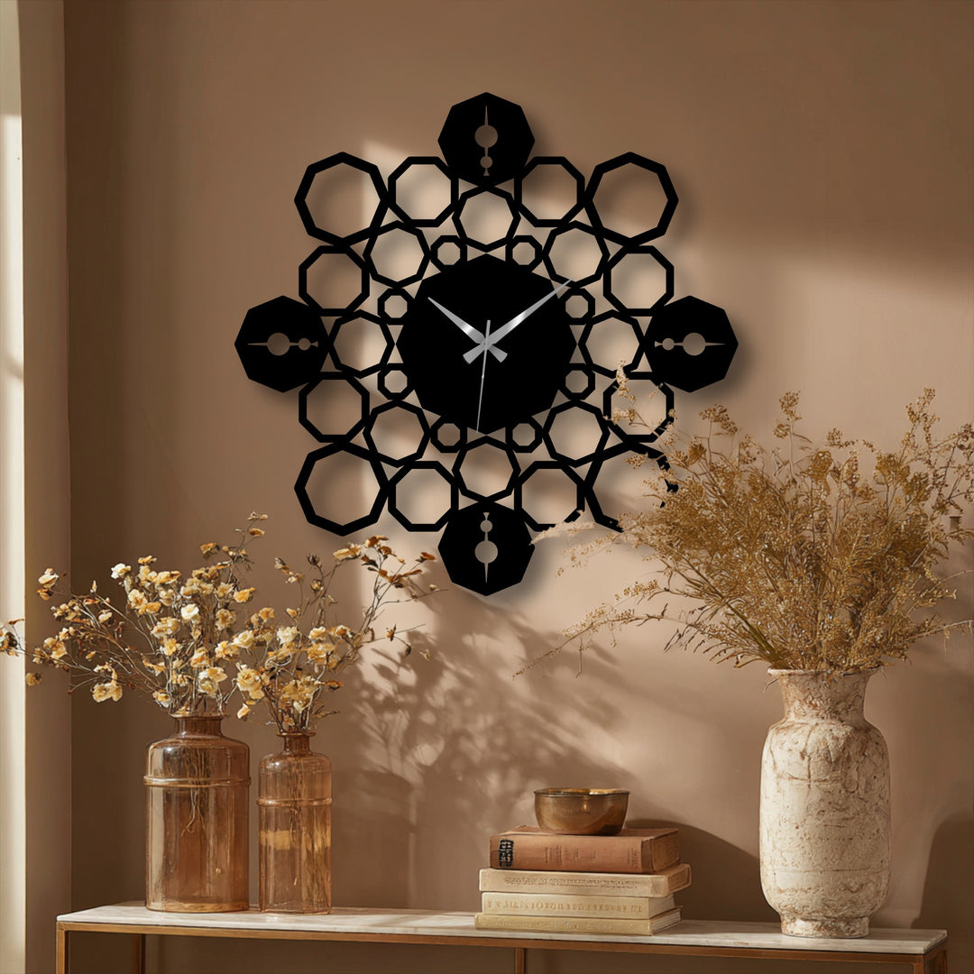 A subtle color transition on the warm wall enhances the geometric mandala metal wall clock, contemporary decoration wall art.