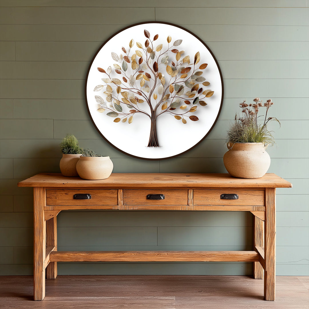 Illuminated by the bright round background, the tree trunk forms the darkest area in this elegant golden leaf tree oil painting decoration.