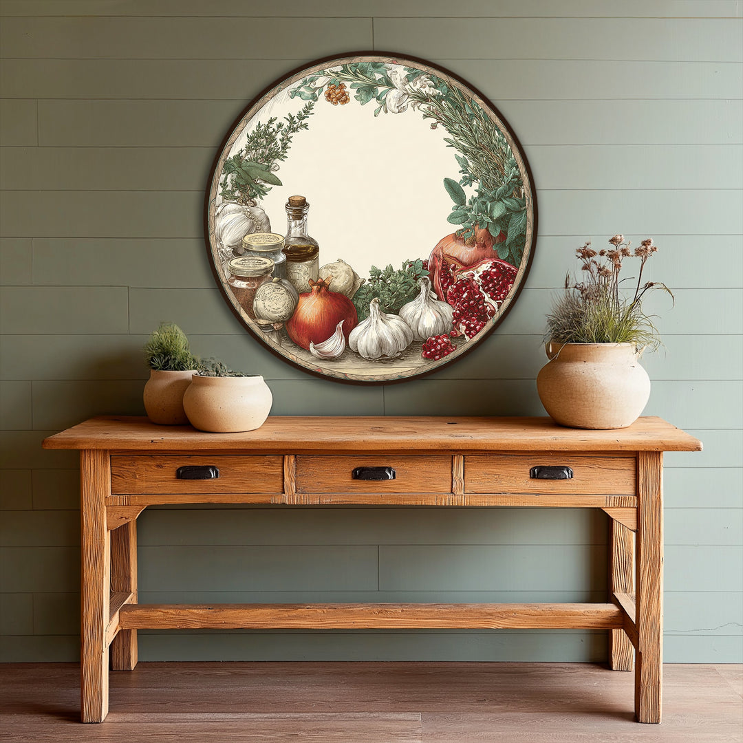 Transitioning from the sepia-toned oil painting home decor of harvested garlic and pomegranate to the olive-green background creates an earthy visual harmony.