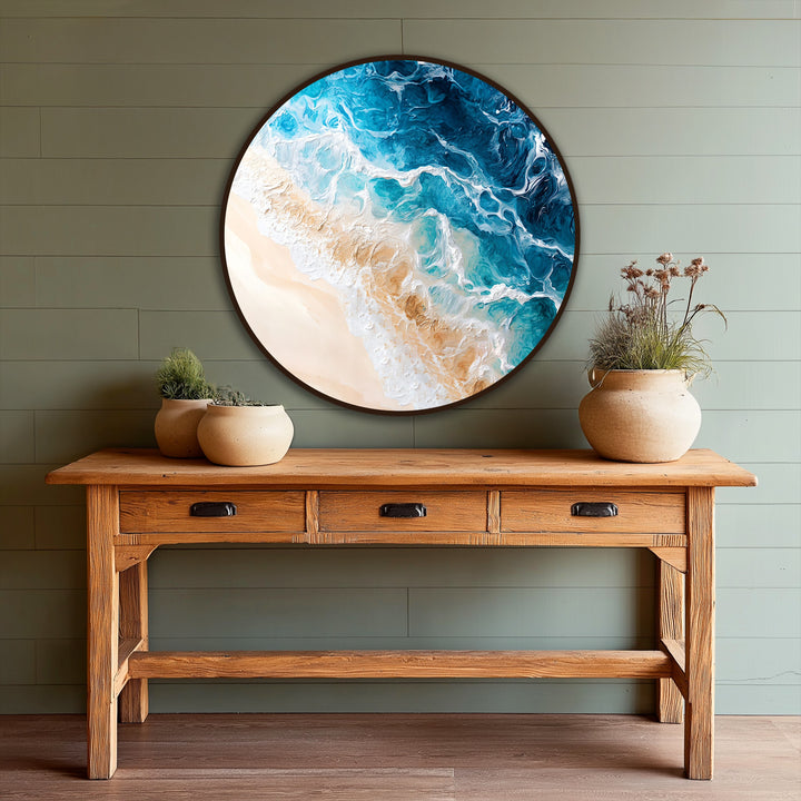 Representing the abstract quality, this coastal serenity art piece is a stunning oil painting home decor, featuring an ocean wave rendered in swirling turquoise hues.