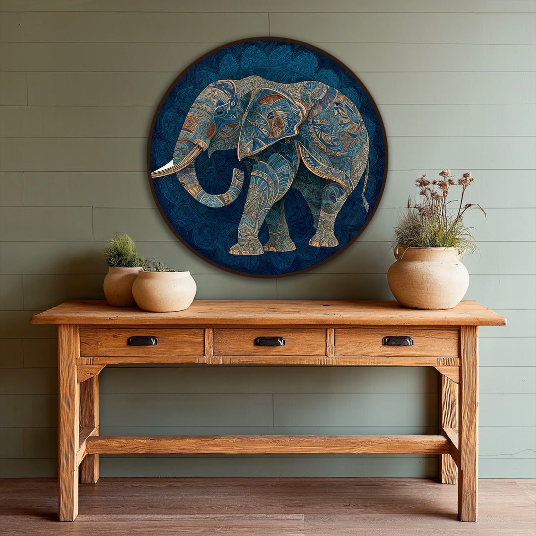 Depth and layers highlight the intricate detail of the Azure Spirit—a decorative elephant silhouette round oil painting wall art.