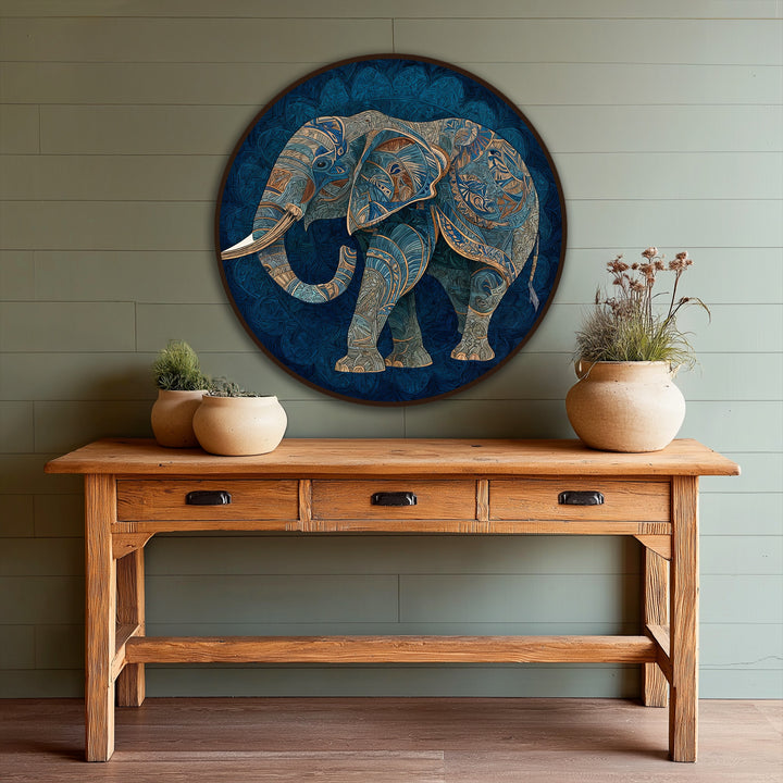 Depth and layers highlight the intricate detail of the Azure Spirit—a decorative elephant silhouette round oil painting wall art.