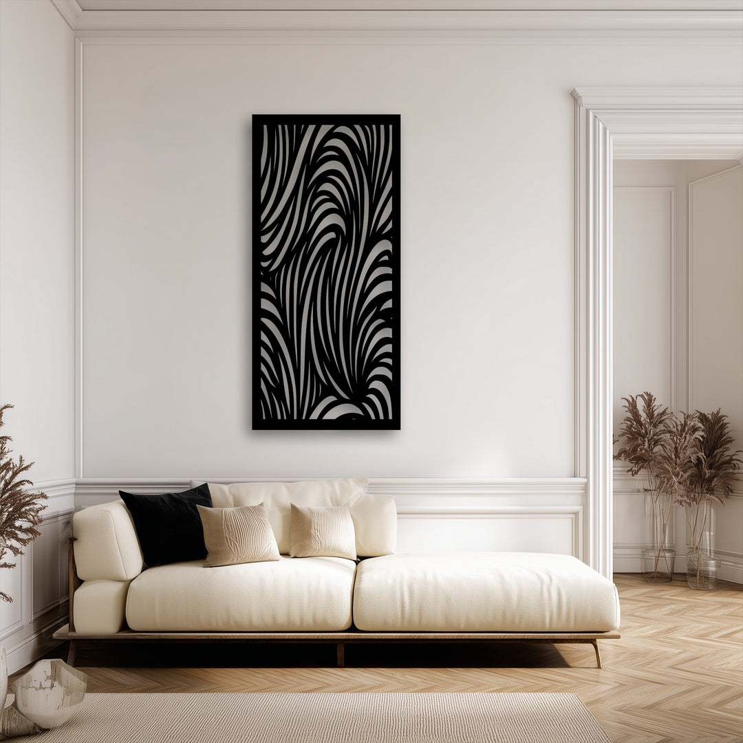 The focal point is a striking black and white abstract wave pattern metal wall art, enhancing the room's modern decoration wall art appeal.