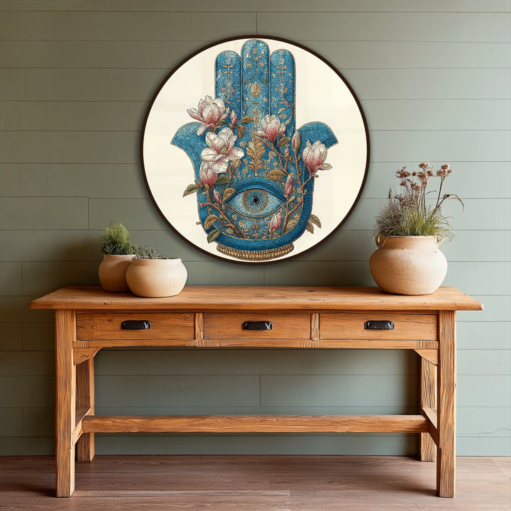 The stillness in the floral Hamsa eye round oil painting reproduction print is evident in the detailed rendering of the flowers and mystical symbol.