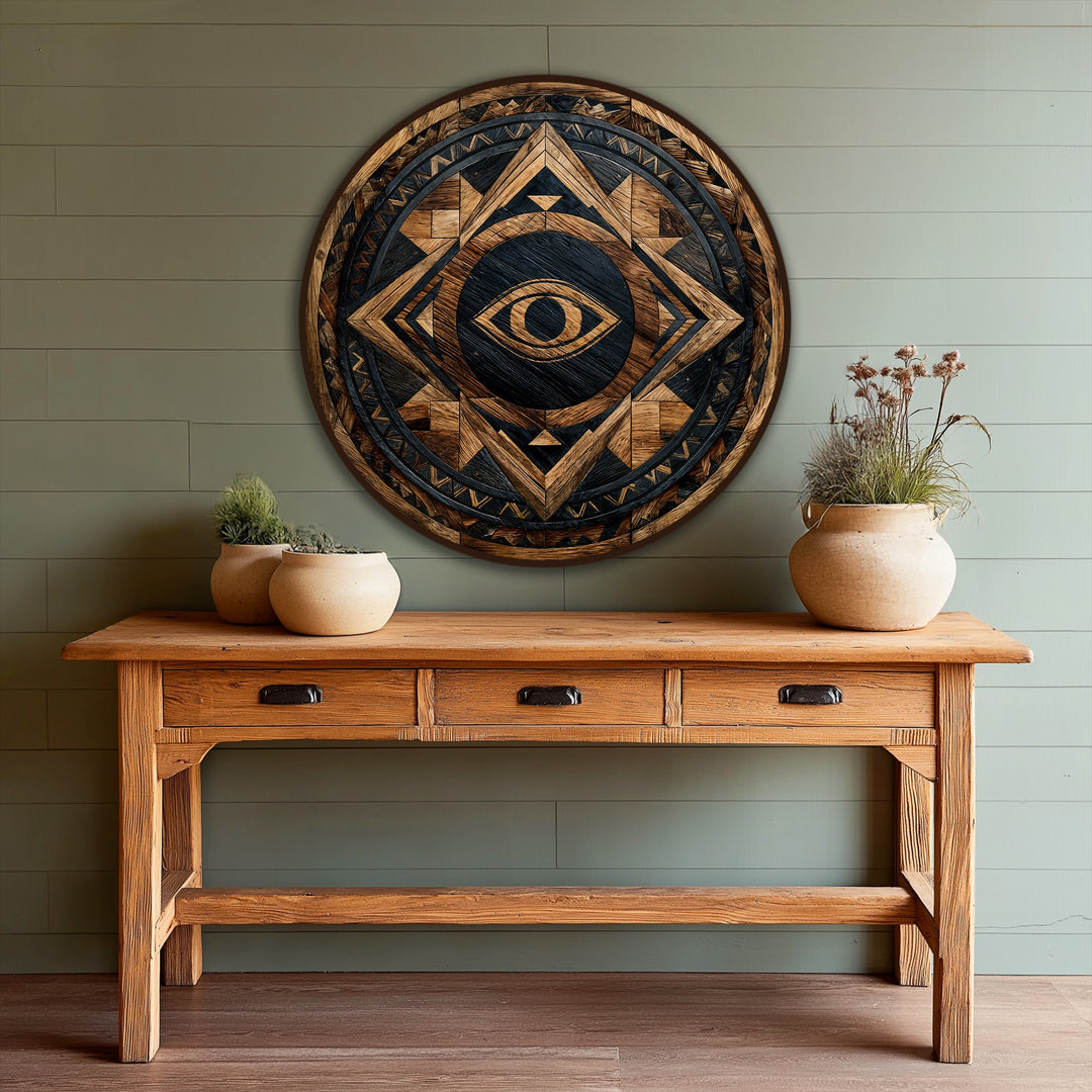 Distinguished by its textured and aged wood finish, this tribal guardian eye rustic geometric round oil painting art prints makes a bold statement.