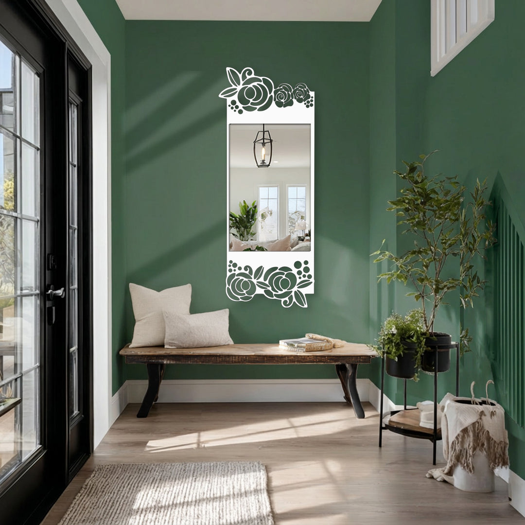 Visual rhythm created by the decorative rose motifs on this floral elegance black metal art for wall floor mirror brings a touch of symmetry to a modern entryway.