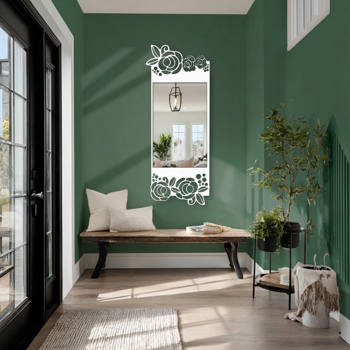 Visual rhythm created by the decorative rose motifs on this floral elegance black metal art for wall floor mirror brings a touch of symmetry to a modern entryway.