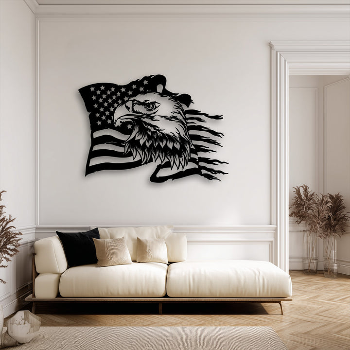 An abstract silhouette of an eagle's head combined with a waving American flag creates patriotic metal wall decor, providing a striking contrast on a minimalist wall.