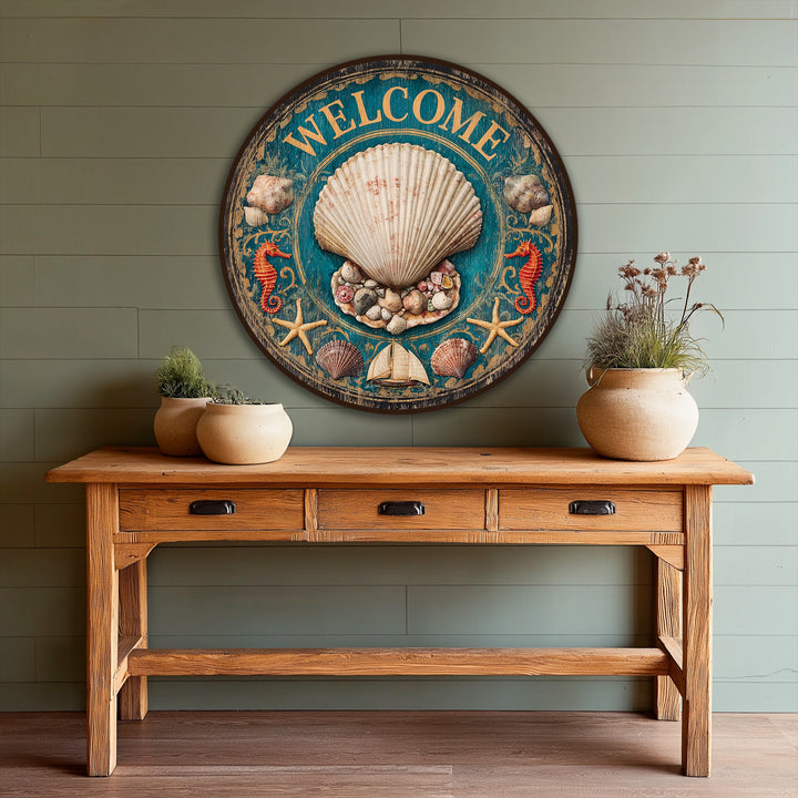 Warm color temperatures dominate this vintage coastal welcome shell round oil painting artwork, offering a sun-kissed feel with its seashells and marine life motifs.