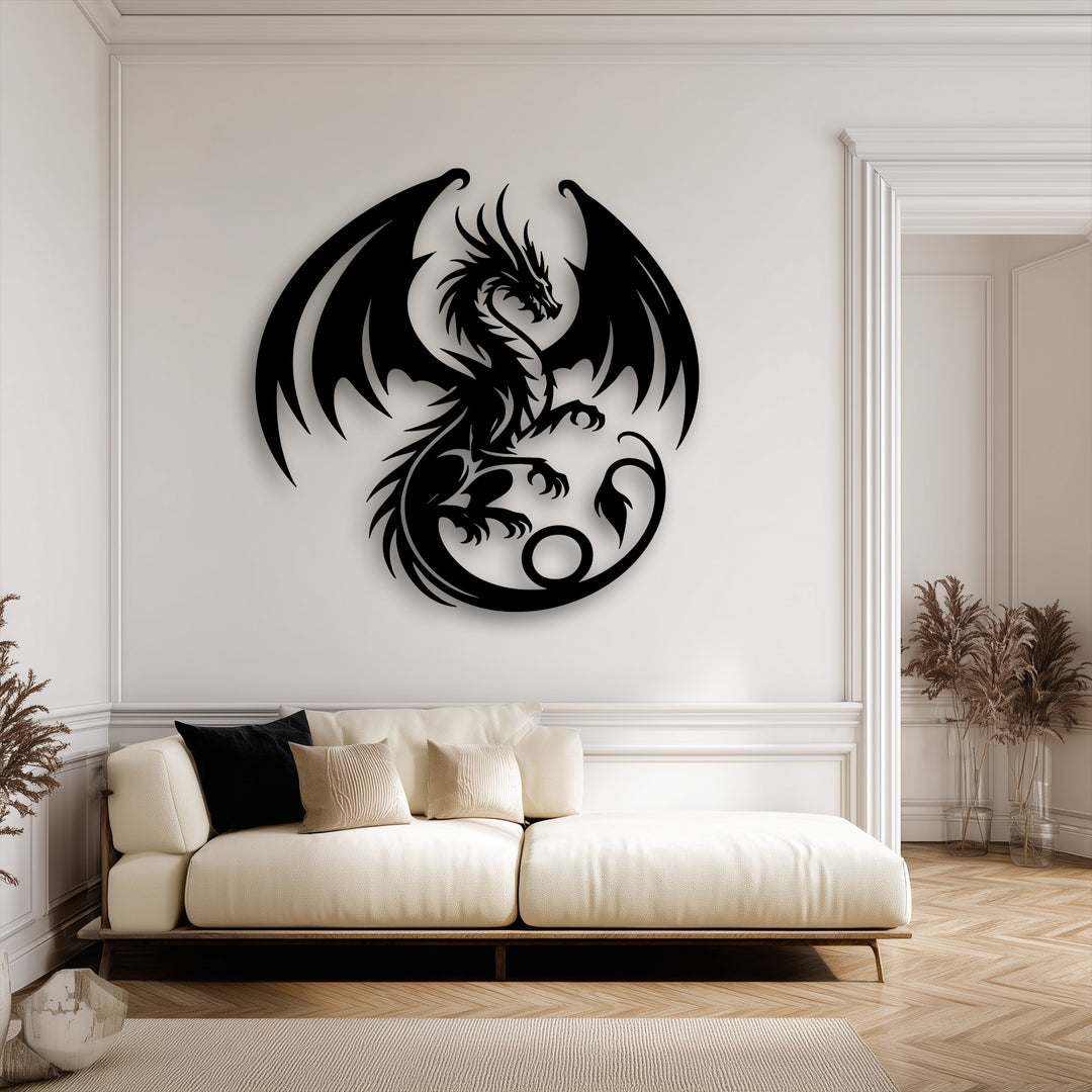 Showcasing significant depth and layers, the decorative metal art of a Majestic Dragon with Spread Wings casts a compelling shadow against the white wall.