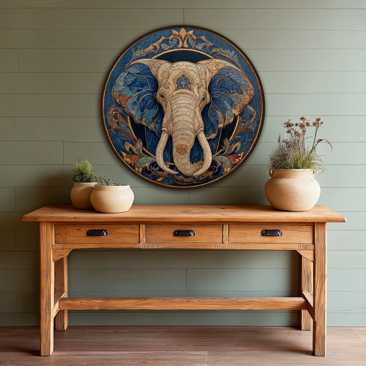 Framed within ornate borders, the majestic guardian ornamental elephant round showcases exquisite edges within this unique oil painting wall art.