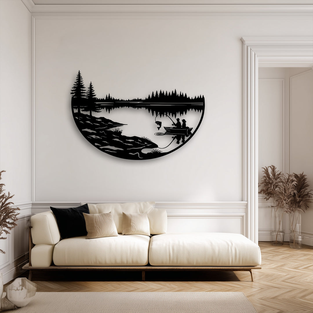 The crisp negative space artfully outlines the serene fishing lake metal artwork, showcasing a tranquil nature landscape with a boat and forest reflections.