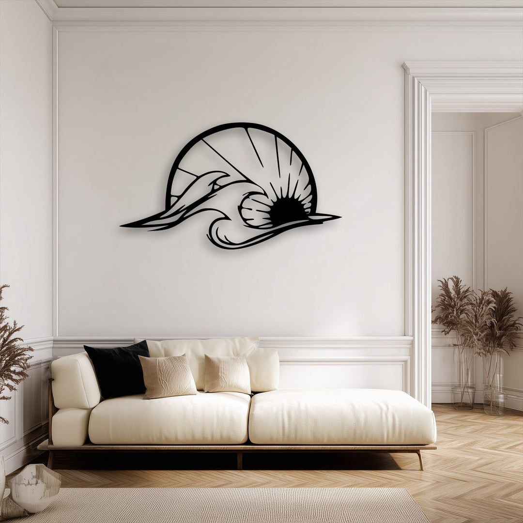 The warm color temperature highlights the striking Ocean Wave & Dolphin Silhouette metal decoration wall art above a cream sofa.