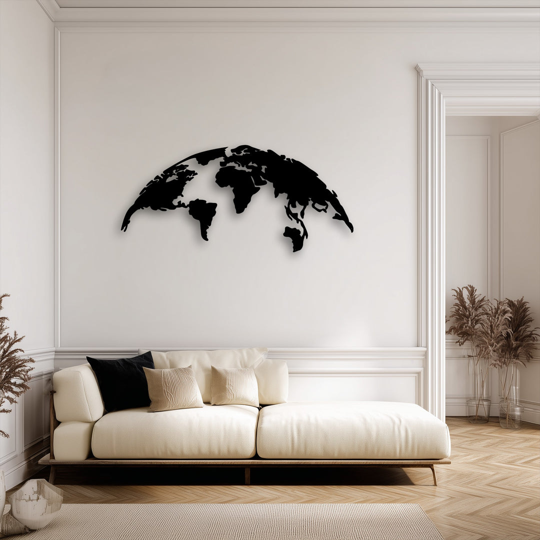 The abstract quality of this modern world map metal art for wall presents a striking global silhouette.