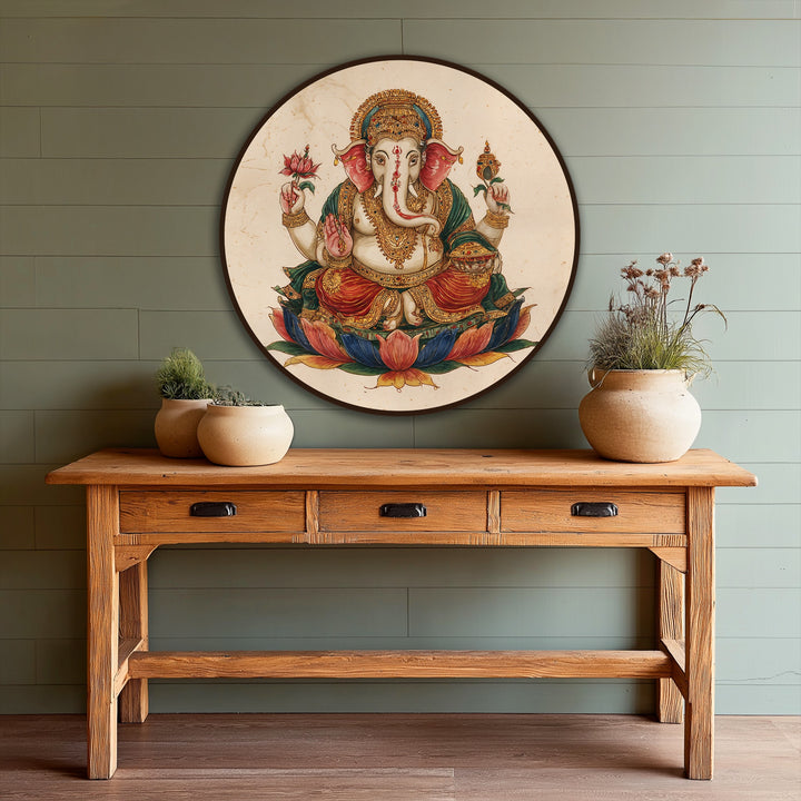Showcasing the layering effect of this oil painting artwork, observe the intricate details of Ganesha atop a lotus in this sacred Hindu depiction.