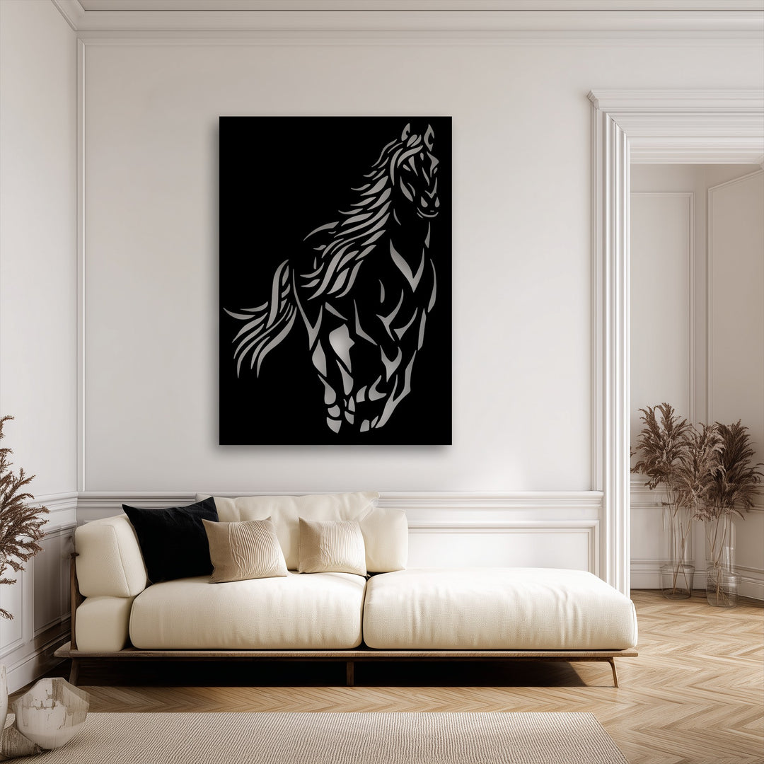 A dynamically galloping wild spirit horse, rendered as a striking metal decoration wall art, evokes a powerful sense of movement.