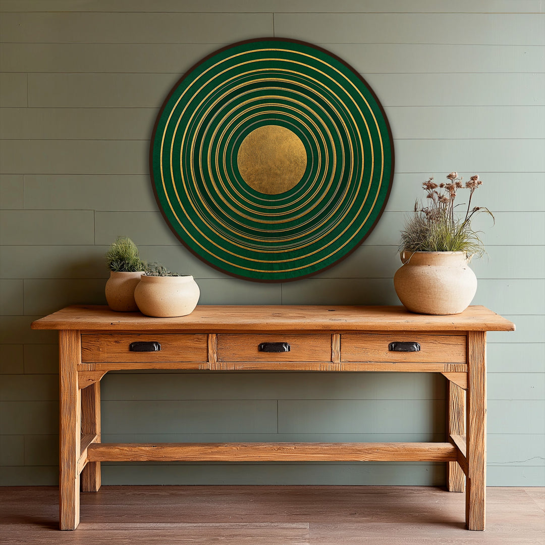 Encircling the emerald and gold concentric rings of this oil painting, a deep brown edge defines the border, creating a focal point for this oil painting reproduction print.