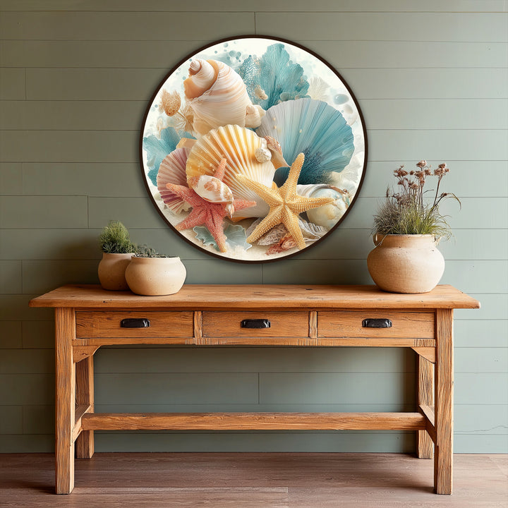 Highlighting the abstract quality, this coastal shells round oil painting depicts an alluring composition suitable for oil painting decoration with various starfish and seashells.