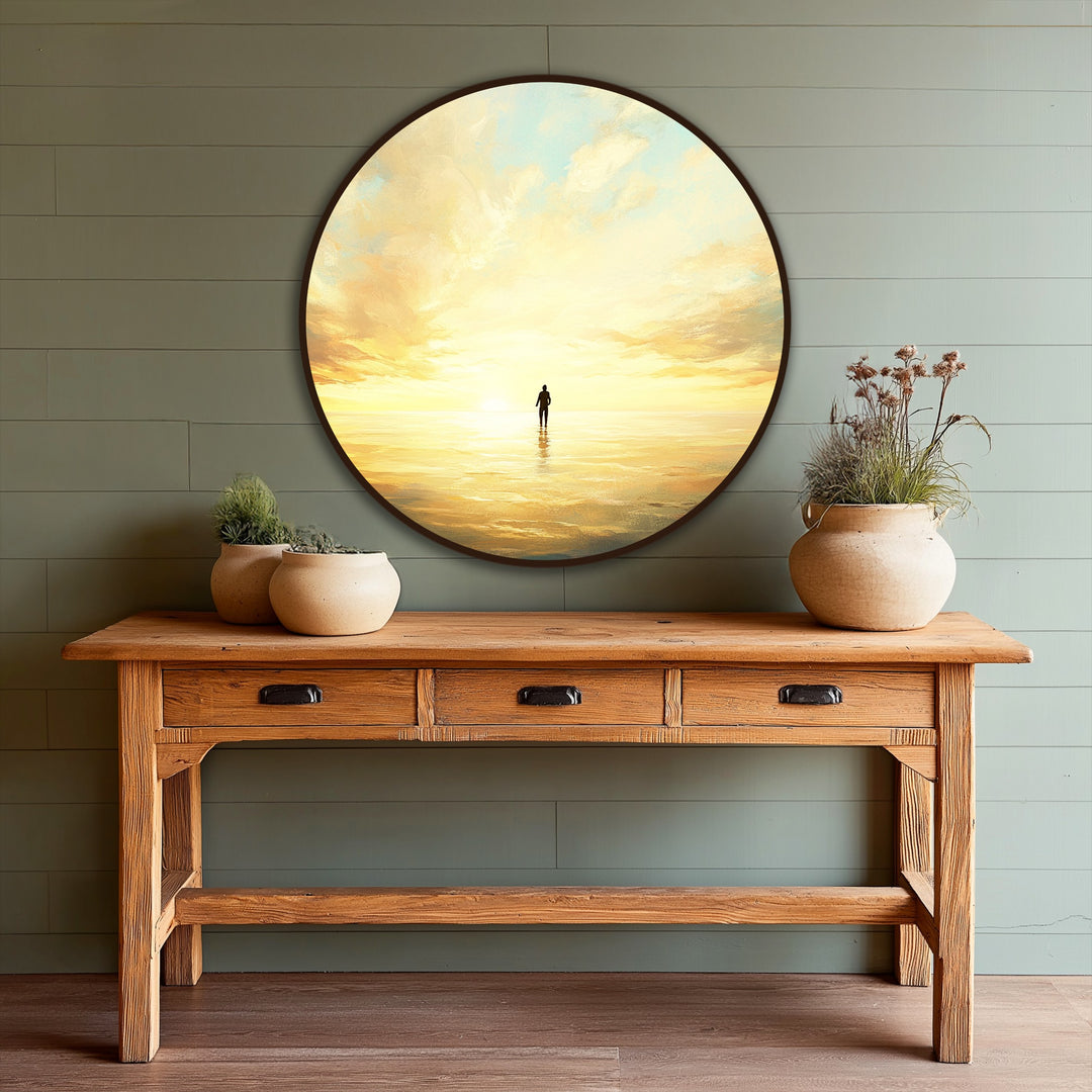 Heavily saturated color characterizes this golden solitude round oil painting art prints, highlighting the bright sunset and reflecting light around a lone figure.