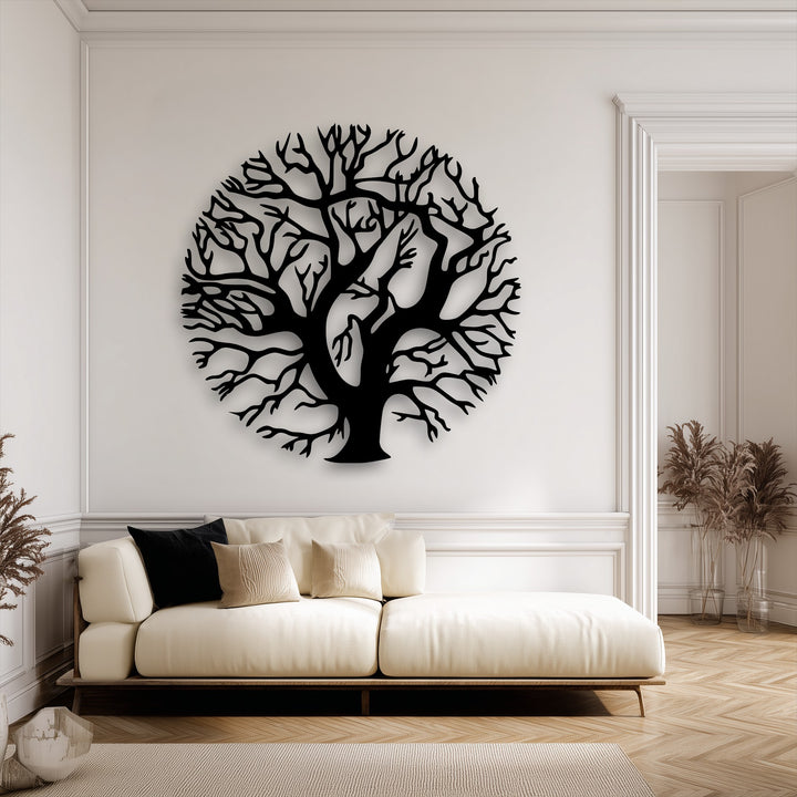 Round decorative metal art showcases the Tree of Life's intricate angular branches, complemented by rectilinear wall moldings and chevron floors.