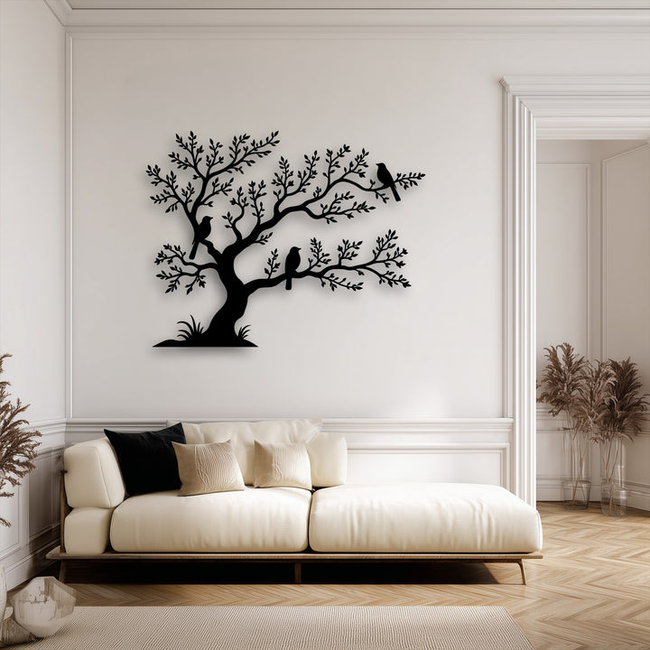 The layered design of the black birds on tree metal wall art creates a sense of depth through shadows, serving as compelling decoration wall art.